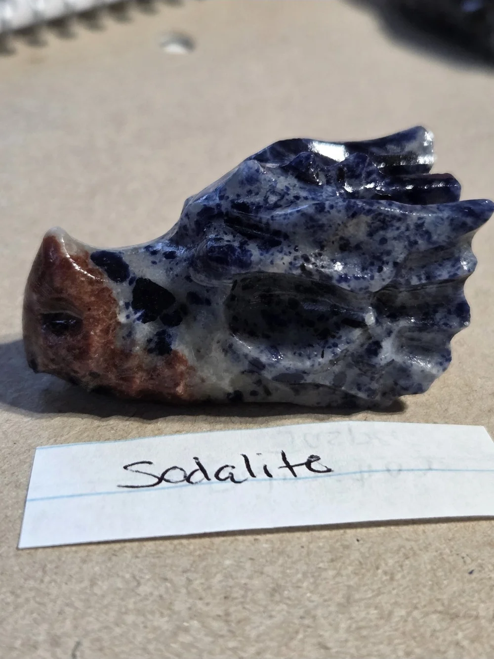 Detailed Sodalite Crystal Carved Dragon Head Stone Sculpture Decor
